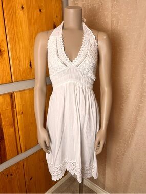 BALI White Crochet Flowy Halter Summer Vacation Dress - Sz S